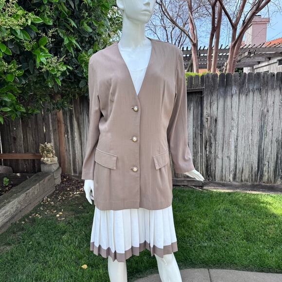 Vintage Katie Petites MFG Size 14 Ivory Taupe Dress Blazer Set Union USA 80's - Picture 1 of 16